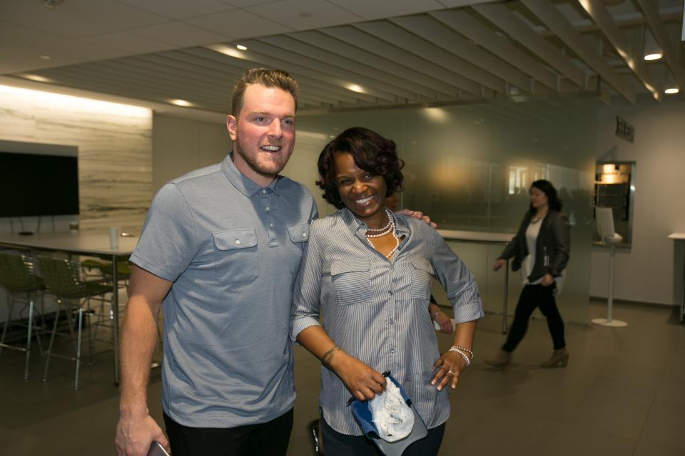 Glen Lloyd and former Indianapolis Colts kicker, Pat McAfee, smile for a photo before Pat took the stage at our Roche Awards of Excellence celebration.