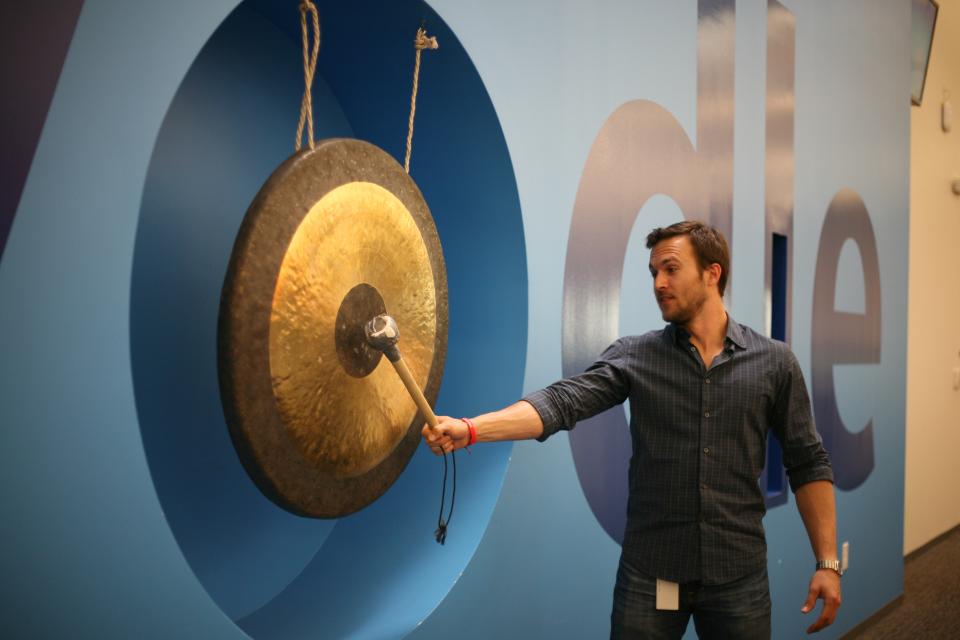 Celebratory hitting of the gong.