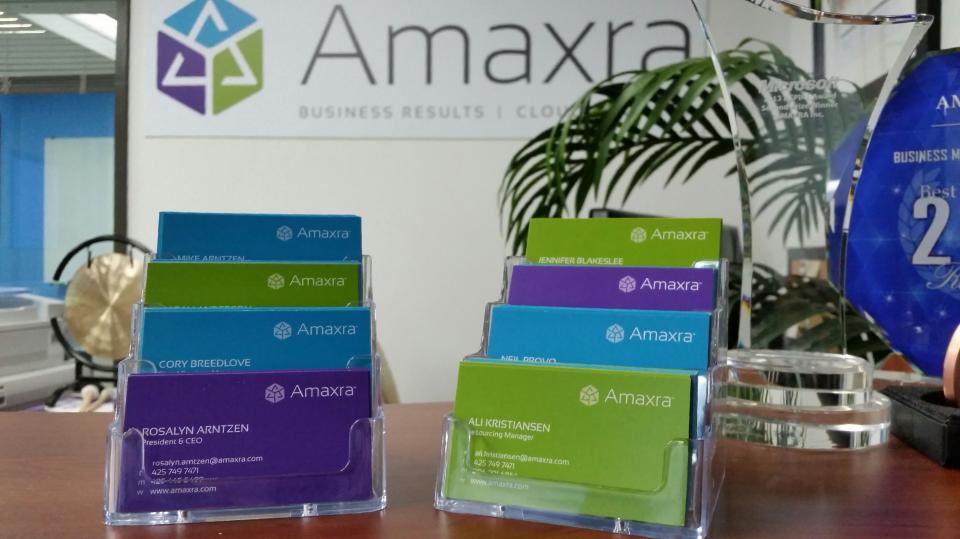 We love color! Amaxra staff can choose which color they want for their business cards.