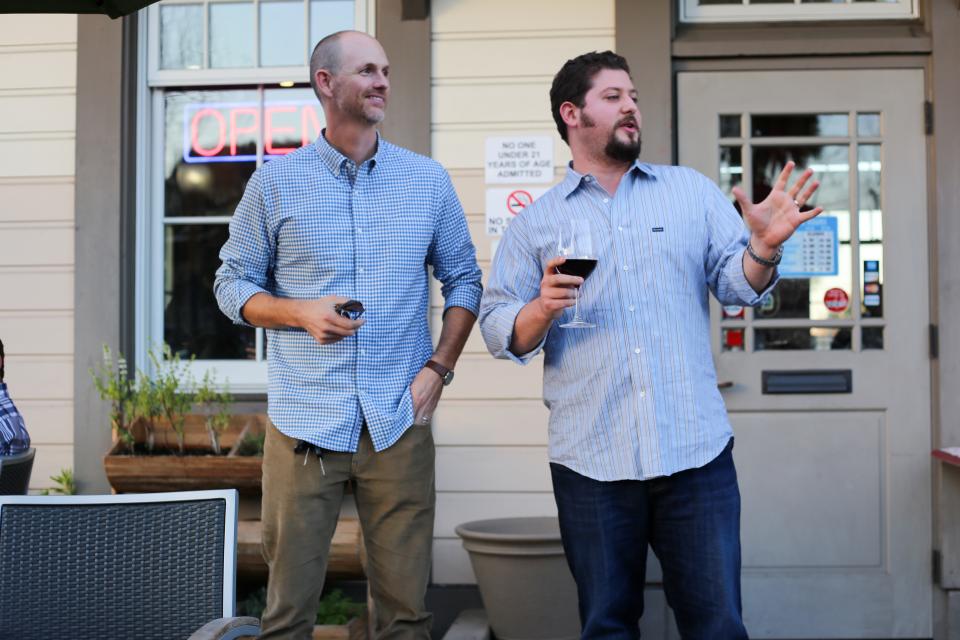 Adrian Ridner (CEO & Co-founder) and Ben Wilson (President & Co-Founder) give a short toast at a company wine outing