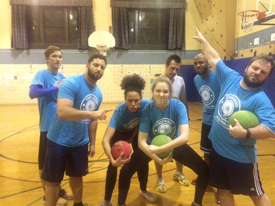 Team UpRight takes the court in their intramural dodgeball league.