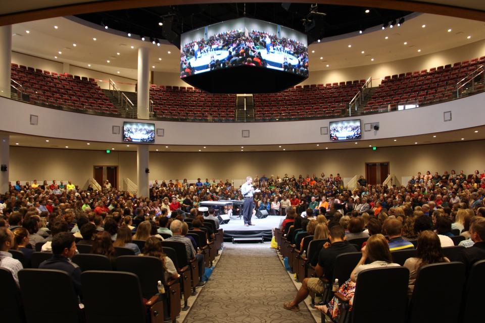 Acuity's company-wide Town Hall meeting held in the new 2,000--seat theatre in the round.
