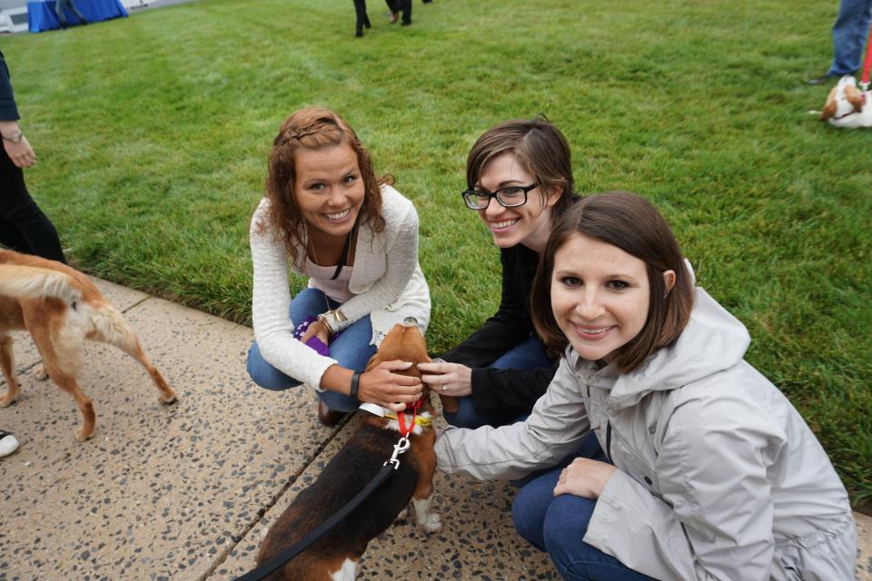 Three associates having fun with a beagle while GEICO hosted \