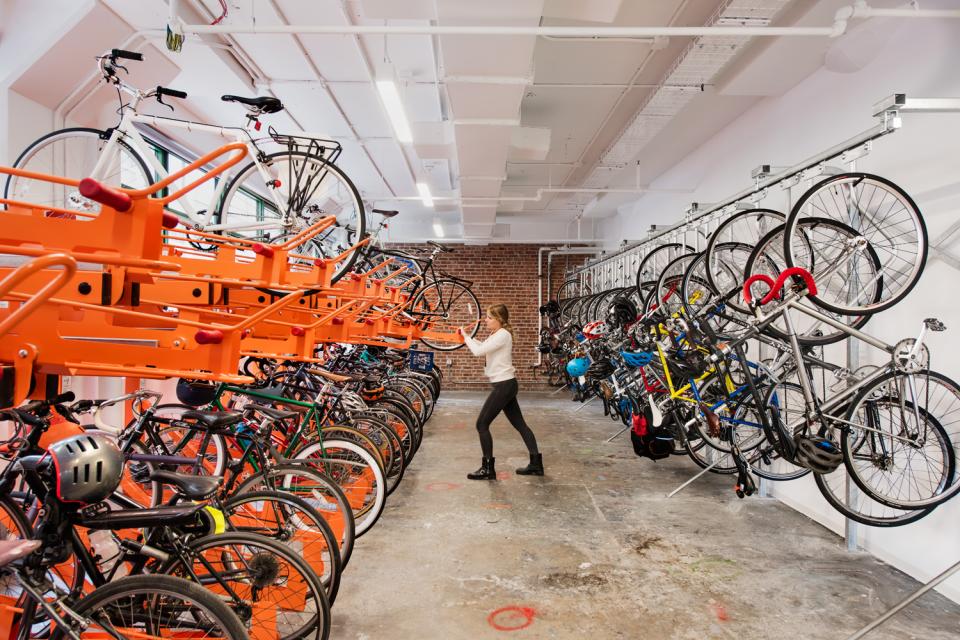 To encourage carbon neutral commuting, Etsy's HQ has a bike room complete with a tune up station.