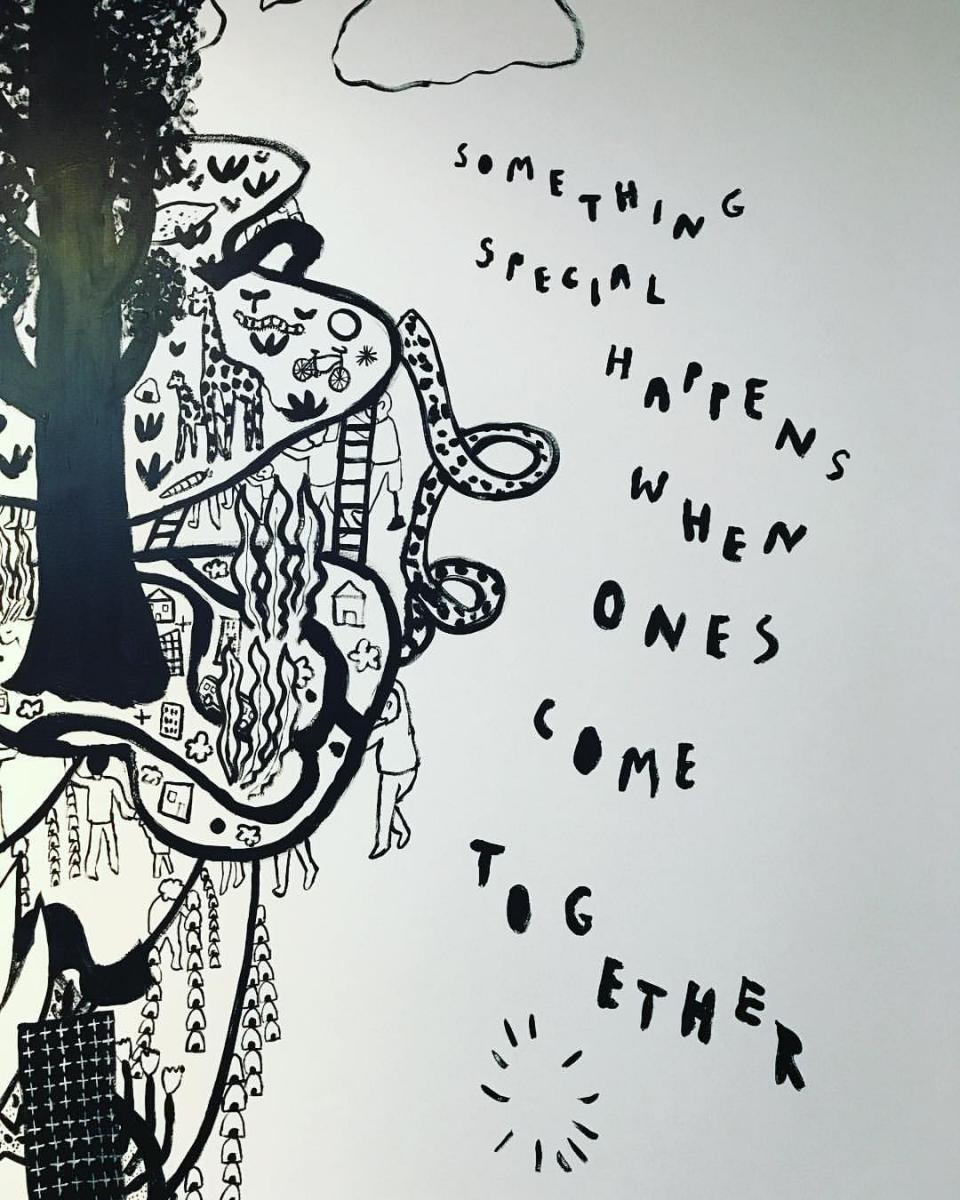 A caption from the mural in our office by illustrator Yumi Sakugawa about the power of ones coming together to create change in the world