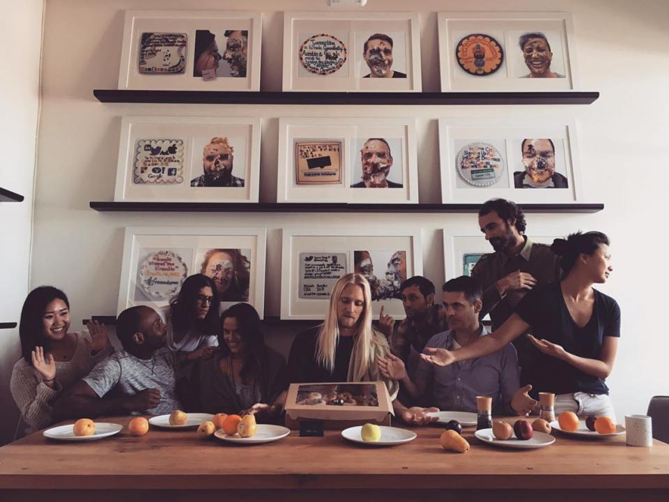 A shot from the enso lunch table, where we eat lunch together ever day provided by the company. The cakes in the backdrop illustrates the way we celebrate wins on a project. For each big headline from a campaign, we get it written out in frosting on a cake, and then sma
