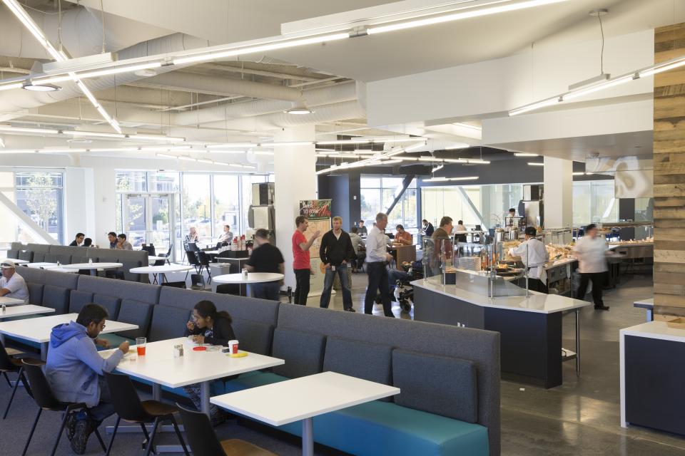 Vivint Smart Home employees in the cafe at the Vivint Innovation Center in Lehi, Utah.