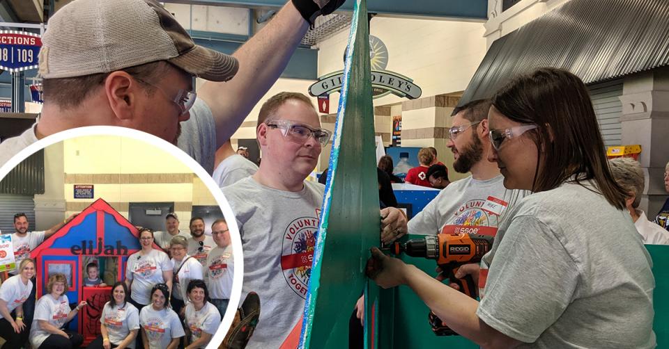 Volunteers joined area businesses to build 30 playhouses, each of which were donated to a local child. The team constructed, painted, and decorated a playhouse for 3-year-old Elijah, who is a big fan of superheroes. The event raised over 100k for Habitat for Humanity.