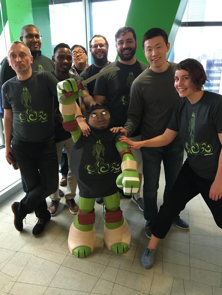 SingleHop's software engineering team celebrates the beta launch of AI with team mascot during to company-wide launch party.