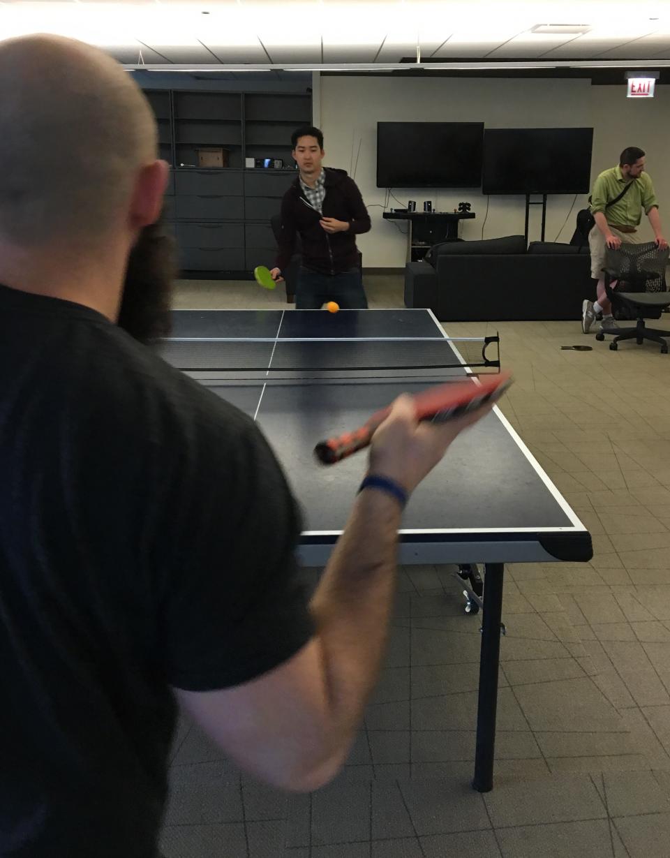 Fierce ping pong competition leads to annual March madness bracket.