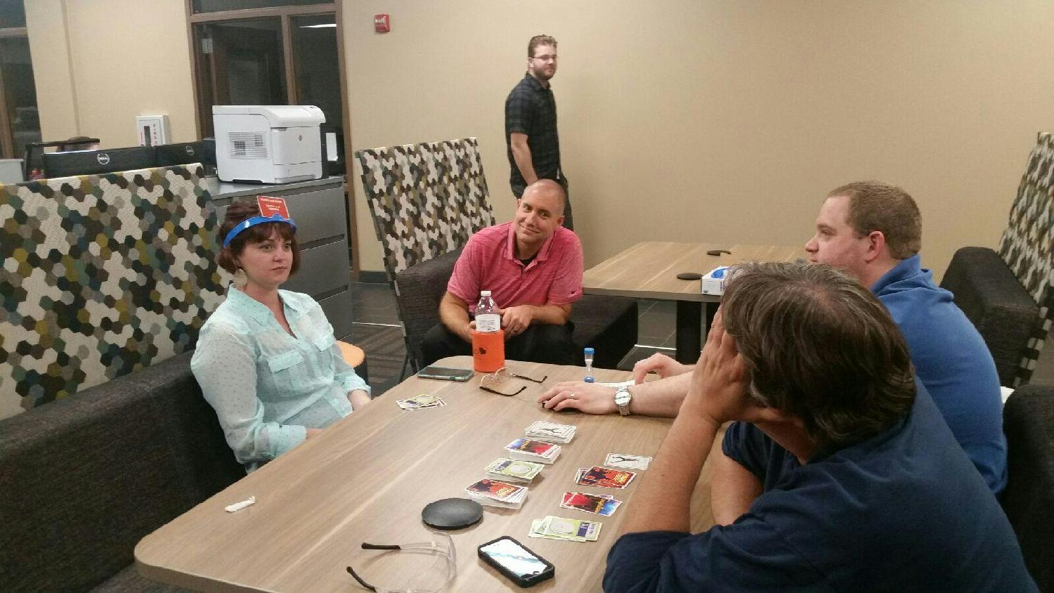 During a tornado warning, our people kept busy with a game of Heads Up! 