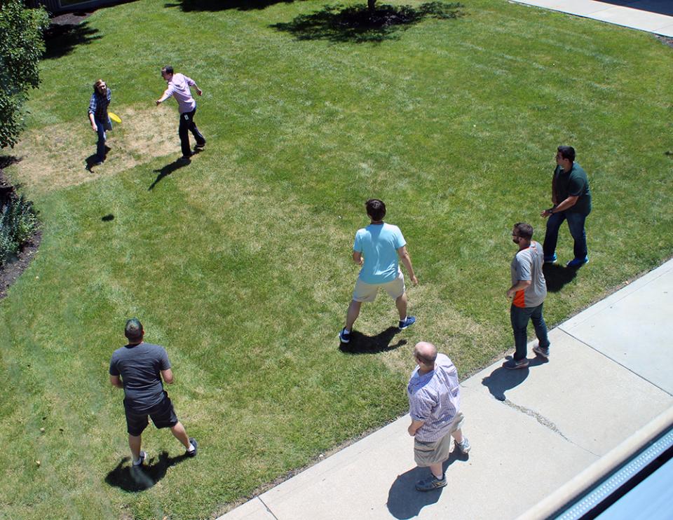 Frisbee in the MOBI courtyard