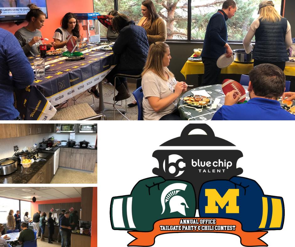 A mini-collage of our yearly Michigan vs. Michigan State Office Tailgate Party and Chili Contest