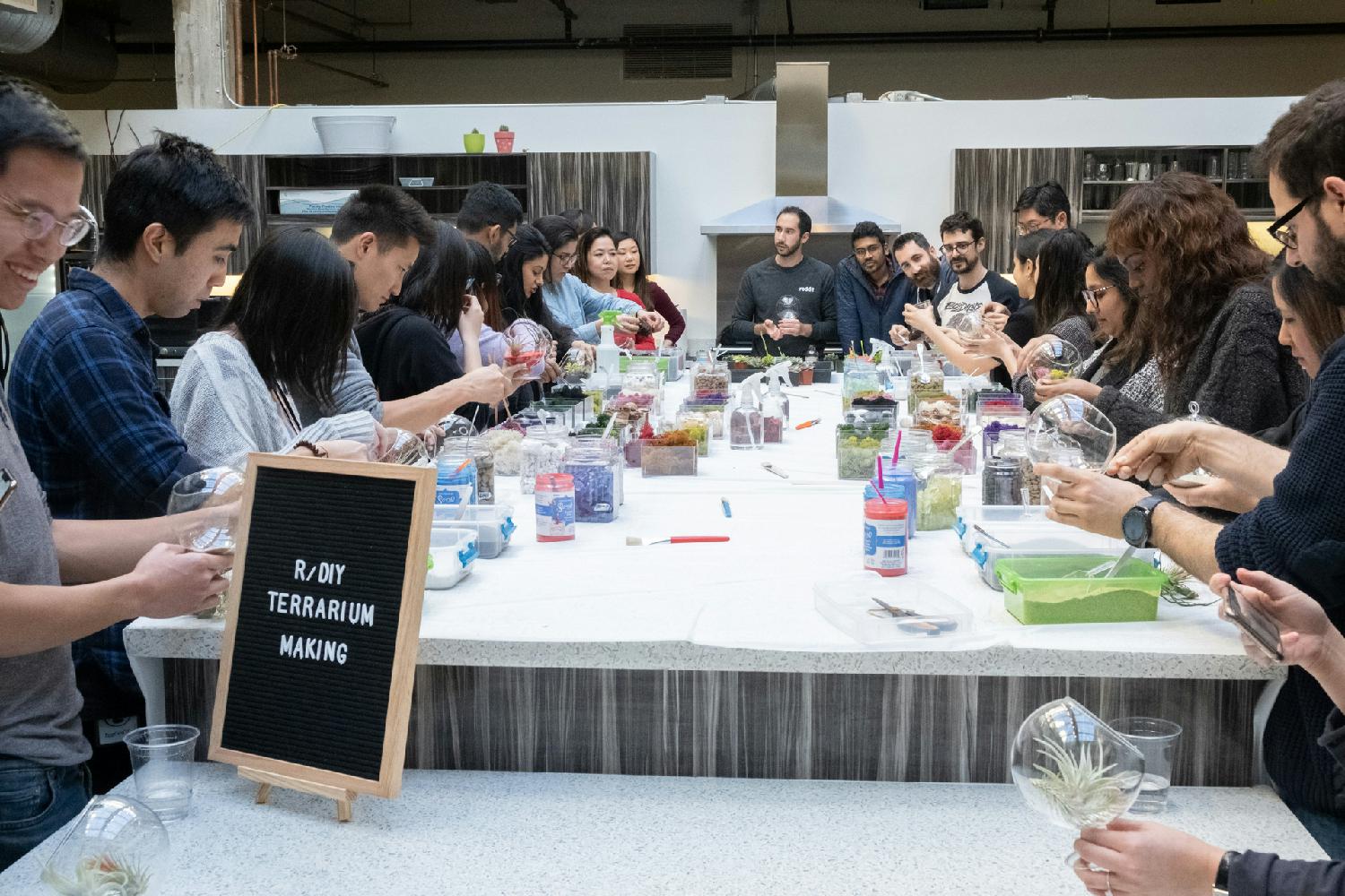 Employees take some time out of their day to plant mini terrariums and succulents as part of a monthly ‘Friyay’ celebration.