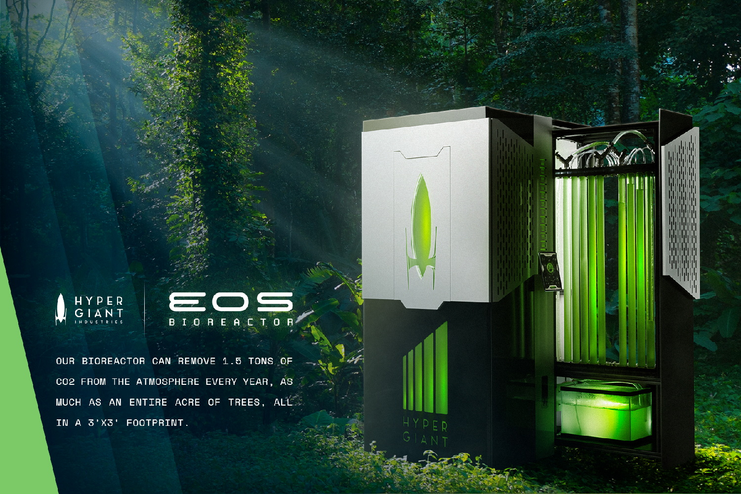Hypergiant launched the Eos Bioreactor to help solve the CO2 problem by sequestering carbon more rapidly and more efficiently than trees - as each super-boosted algae bioreactor is 400 times more effective at capturing carbon than trees in the same unit area.